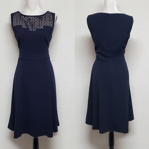 𝅺ANNE Klein Navy Blue Sleeveless Fit & Flare Lazer Cut Natural Waist Midi Dress